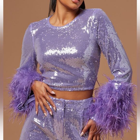 Purple Sequin and Feather Matching Set long sleeve high waist XS/S - Picture 5 of 10
